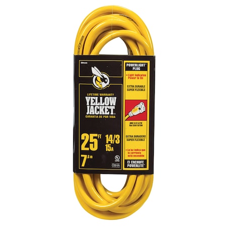 Yellow Jacket SJTW Extension Cord, 14 AWG, Outdoor, 14/3, 1 Outlets, Yellow, PVC, 25 ft 2886AC